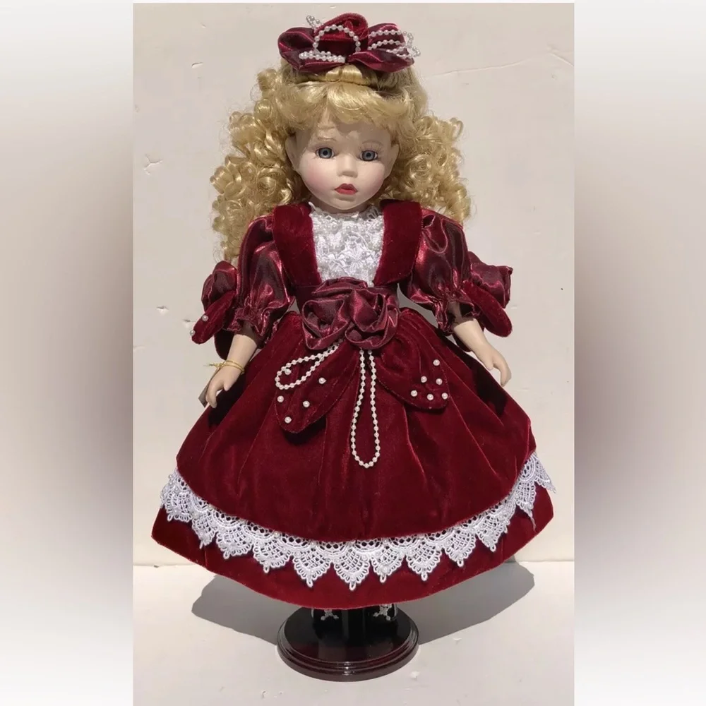 Porcelain Dolls Collectible by Melissa Jane Wooden Stand in Red Dress Blue Eyes - Picture 2 of 9